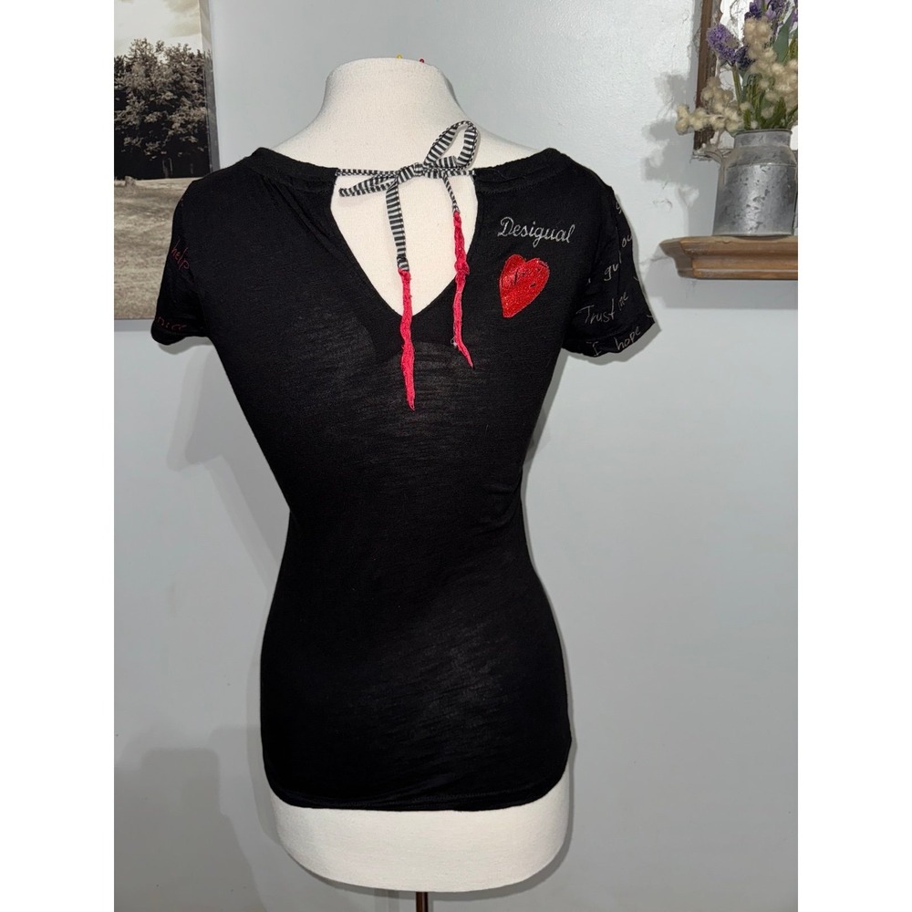 Desigual patchwork heart embroidered rhinestone tie back shirt sleeve black top - Picture 6 of 9